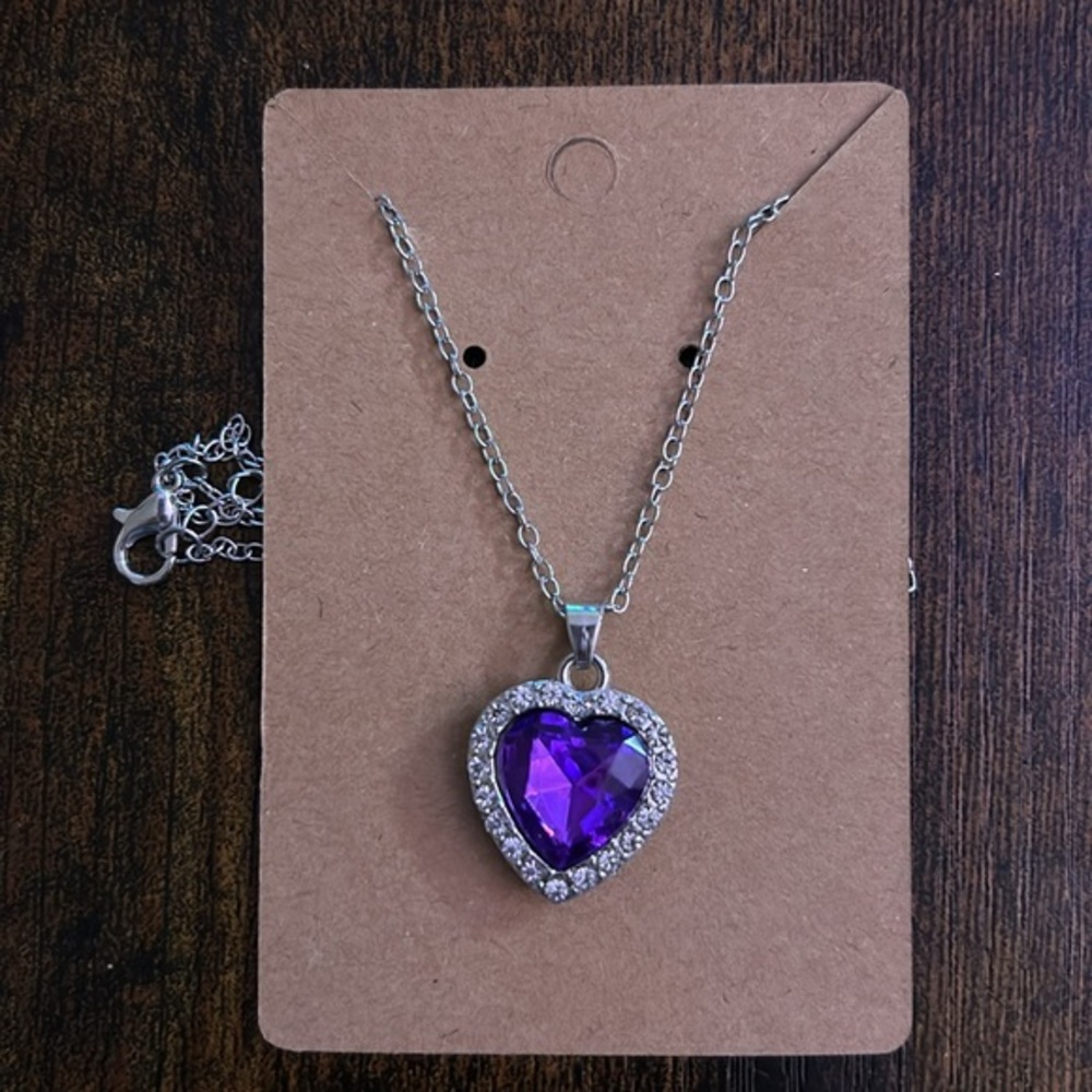 Silver Heart Pendant Necklace with Purple Gem